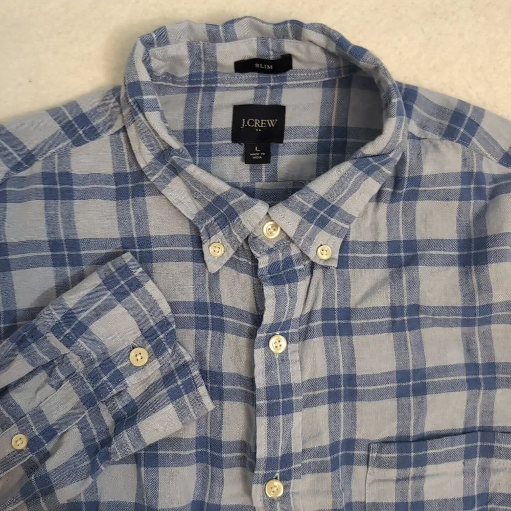 JCrew Shirt Mens L‎ Blue Plaid Slim Fit Linen Bkend Button Down Casual EUC